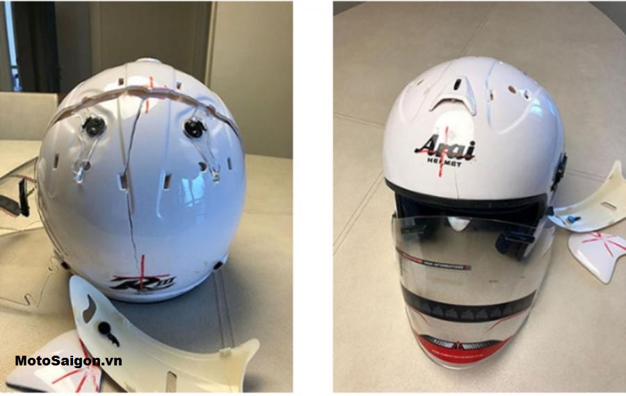 "Thành quả" của chiếc mũ bảo hiểm Arai hàng fake sau khi trải qua thử nghiệm va chạm