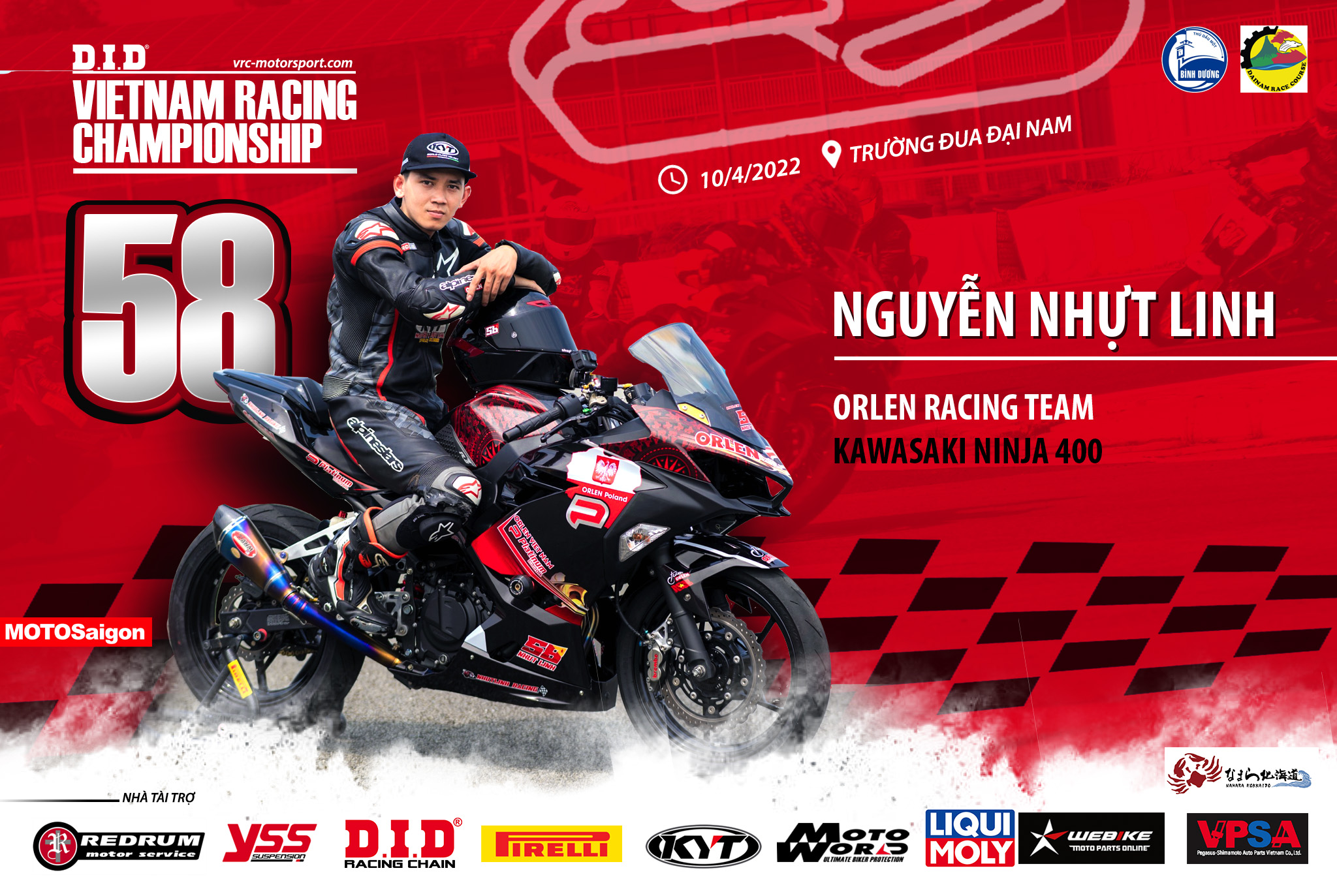 Tay đua Nguyễn Nhựt Linh số 58 của đội đua Orlen Racing Team tham gia giải đua xe mô tô phân khối lớn VRC 2022 với xe đua Kawasaki Ninja 400
